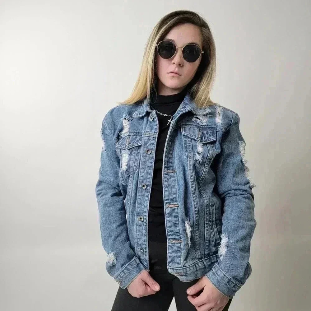 Ripped Faded Wash Denim Jacket - L